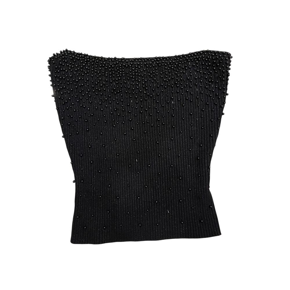 Vintage Black Beaded Strapless Tube Top Ribbed Knit Stretch Party Y2K Size S
